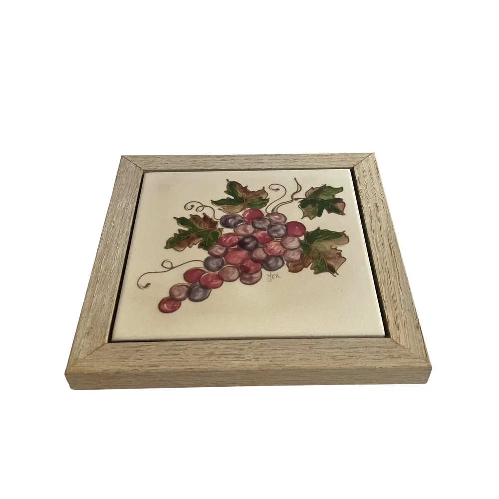 Jori Hand Painted Grape Ceramic Art Tile in Oak Wood Frame Empty Nest 7.25